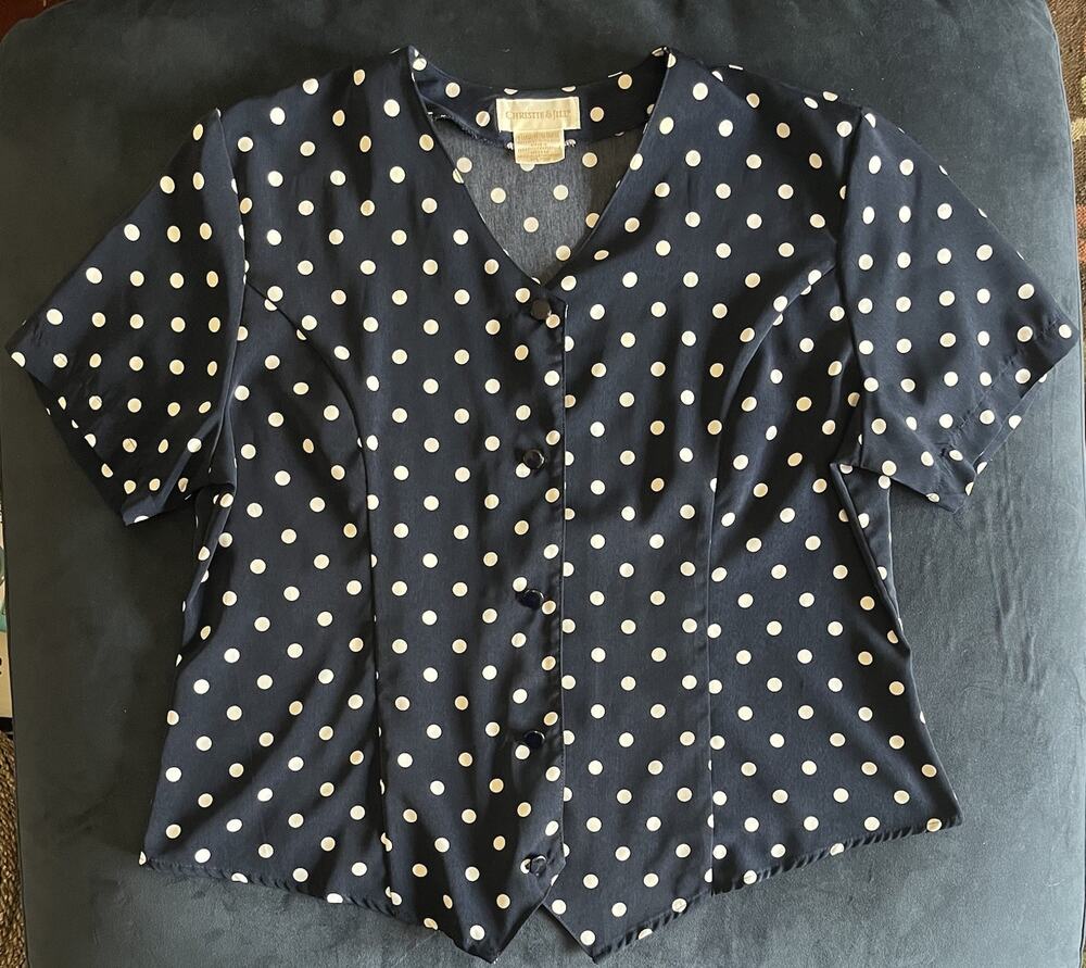 Christie & Jill Womens XL Polka Dot Blouse Navy White Short Sleeve Button Front
